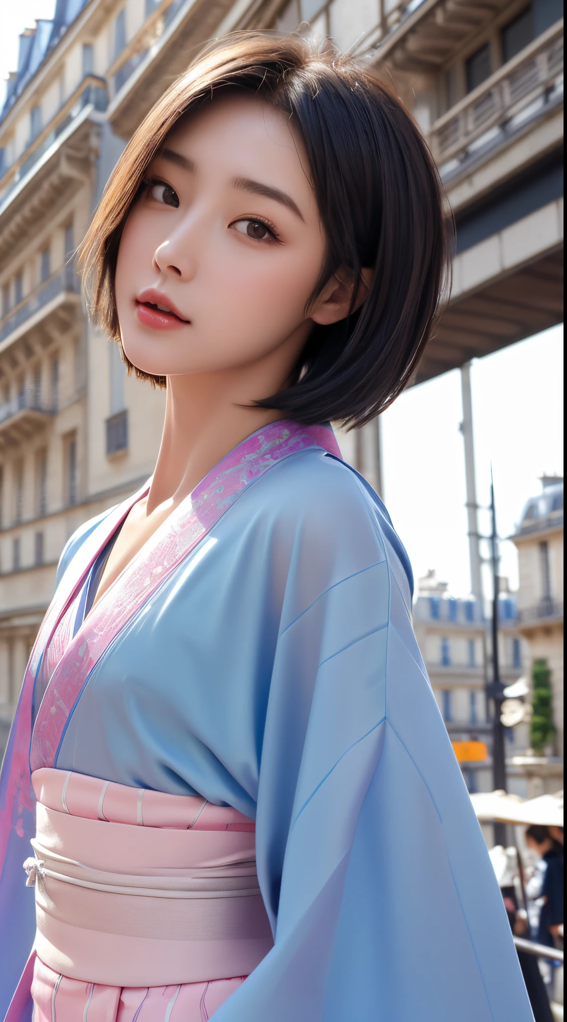 (quality, 16k, tmasterpiece: 1.3)), 1 girl, Focus sharp: 1.2, Beautiful Women with Perfect Figure: 1.4, Slim abs: 1.2, (((Bob has short hair)), ((small: 1.4)), ((beautiful face idol: 1.3)), (Transparent fabric kimono 1.5)), Highly Detailed Face and Skin Textur, 詳細な目, 二重まぶた, (((suspending)), ('oot on foot, Paris cityscape, low angles, Shoot from below