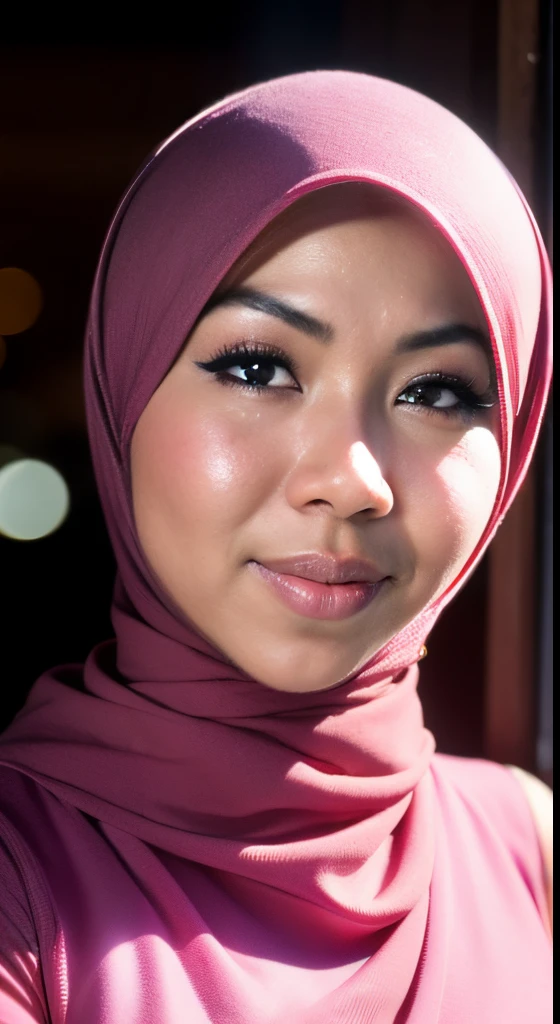 ((Close up)),1 Malay girl, modern plain hijab, shy, medium portrait, watery eyes, pink glowing particles, wearing kebaya covering the entire chest,pastel pink, (Standing:1.2),big breasts, pink light bokeh background, well-proportioned body,