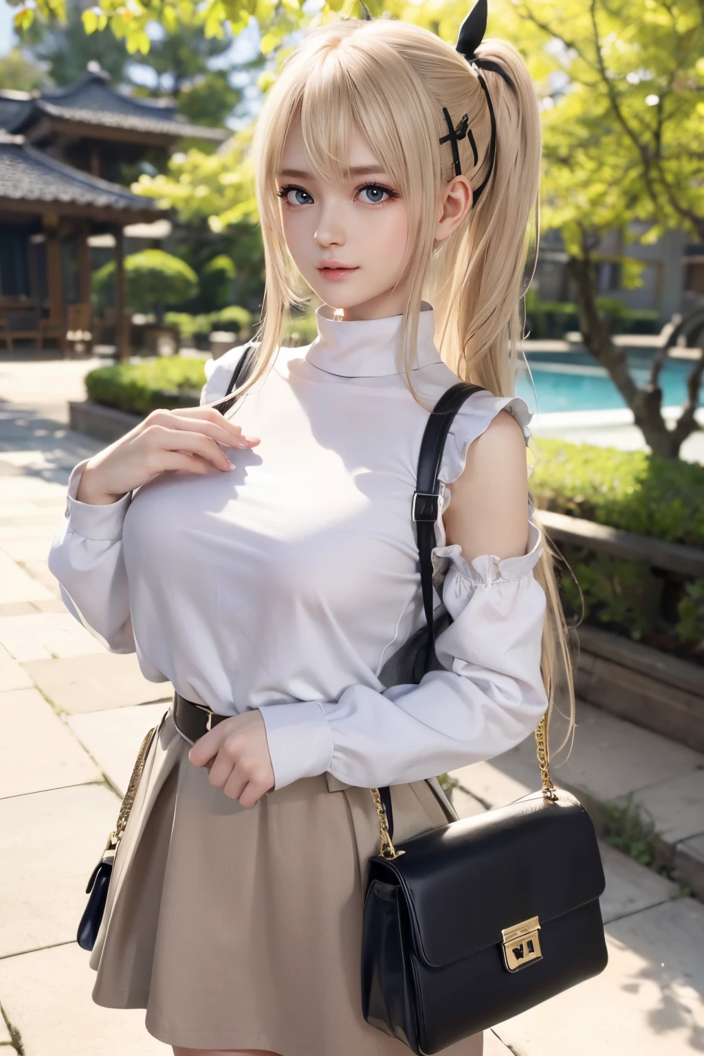 Marie Rose、blondehair、​masterpiece、masuter piece、Best Quality、 ultra-detailliert、hight resolution、8K Wallpapers、Perfect dynamic composition,、Beautiful detailed eyes、(Beautiful Large Breasts:1.4)、Best Quality,Ultra-detailed,finely detail,hight resolution,in 8K,((Photorealsitic:1.4,Raw photography,超A high resolution,Top image quality:1.4)),Cute Girl、High school students、sixteen years old、A slender、a small face、Big eyes、ssmile、The long-haired、straight haired、Light brown long-sleeved knit with small turtleneck、Compact shoulder bag、The belt of the bag passes through the chest、long red skirt、Tree-lined avenue of autumn leaves、