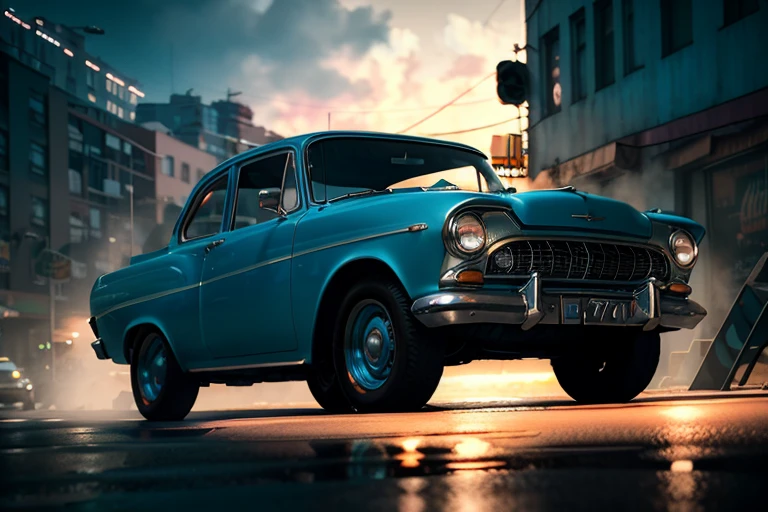 there a blue car that parked on the street, highly detailed hyper real retro, cinema 4d cinematic render, unreal engine. retro film still, moskvich, octane photoreal 3 d render, photorealistic render in octane, photo realistic octane render, photorealistic cinematic render, octane cgsociety, digital painting. octane render, octane trending on cgsociety
