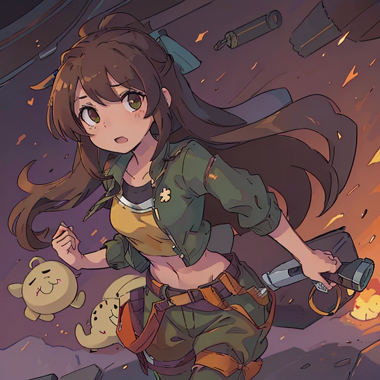 Chica anime 2D, Monika (Doki Doki Liiterature club) a con saco militar verde oscuro, long loose brown hair, Light brown eyes, cuerpo completo, brown belt with gun holsters, pantalones cortos morado ?????, calcetas largas rojo vino, muslos gruesos, pechos grandes, caderas anchas,