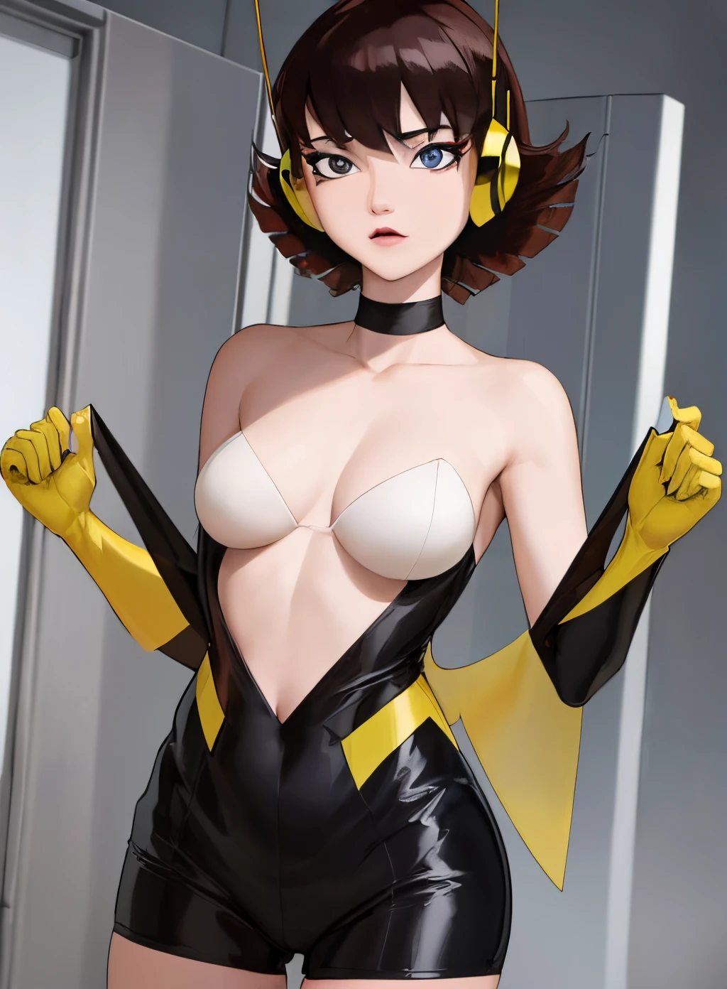 best quality, (masterpiece),(ultra-detailed), (high quality), (high resolution), wasp, 1girl, short hair, blue eyes, choker, headphones,gloves, elbow gloves, makeup