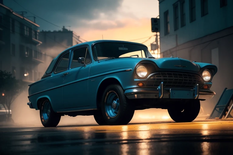 there a blue car that parked on the street, highly detailed hyper real retro, cinema 4d cinematic render, unreal engine. retro film still, moskvich, octane photoreal 3 d render, photorealistic render in octane, photo realistic octane render, photorealistic cinematic render, octane cgsociety, digital painting. octane render, octane trending on cgsociety