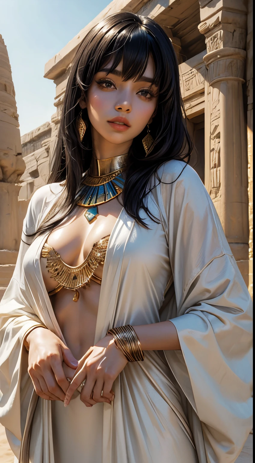 1 woman, beautiful Egyptian woman, 25 years old, long black hair with bangs, exotic skin, smaller head, brown eyes, medium breasts, white Priestess robe, masterpiece, ultra HD, realistic masterpiece, blurred background, oasis on the desert, relaxed poses, full lips, perfect hands, perfect eyes, perfect face, perfect details, sharp focus