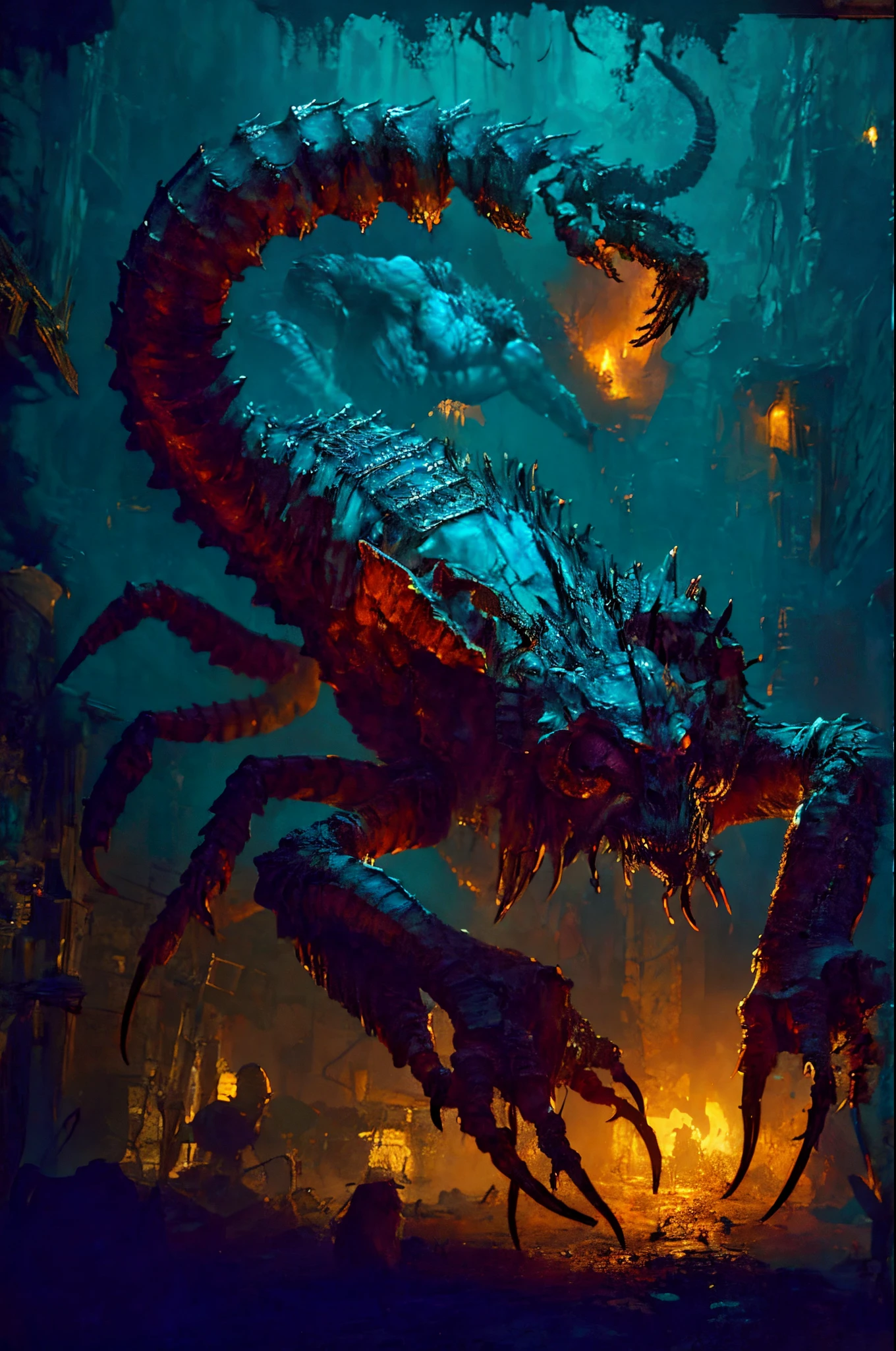 gothic art, lightand shade contrast, Standing painting, estimate, holland angle, emphasis lines, tmasterpiece, acurate, Anatomically correct, A high resolution, Best quality at best, super detailing, Award-Awarded,D14BL0 style scorpion,Sharp pliers,humongous large breast,hairy pubic,arthropods,Epic war fantasy digital art,Correct anatomy,(greg rutkovsky:0.8), (cyan and orange:0.4),