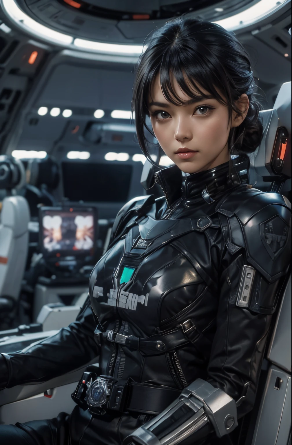 A beautiful woman looks at the camera with a defiant expression. she has her arms crossed. She is wearing black combat uniform. There is something like Kamen Rider's transformation belt on his waist. She is inside a spaceship, with a command seat behind her. 8K image quality.