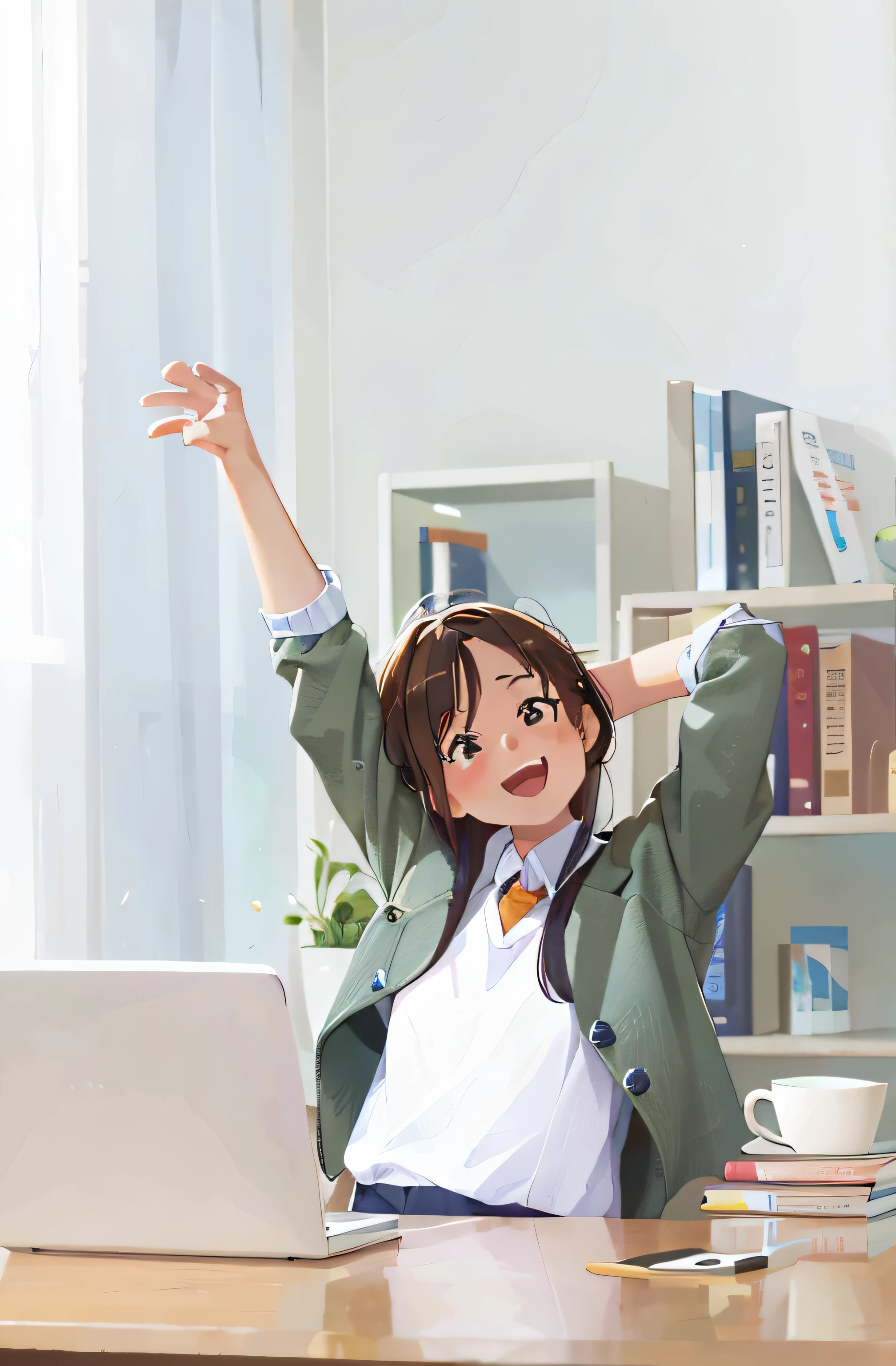 sit at your desk,Woman with arms raised, lewd poses(raise both arms + Happy), raise both arms, she expressing joy, satisfied pose, sun yunjoo, sitting relax and happy, Attractive posing, confident relaxed pose, korean woman, relaxed posture, beautiful Korean women, feel happy and delighted, advertisement picture, she smiling and excited, triumphant pose