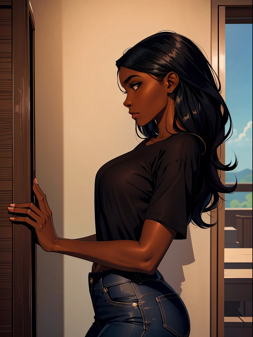 Dark skin ebony young woman in an casual shirt and blue jeans, clear defined brown eyes, perfect wild cloud of long black hair, deceptively shy, flirtatious, revenge, hugging tall masculine attractive man, side profile