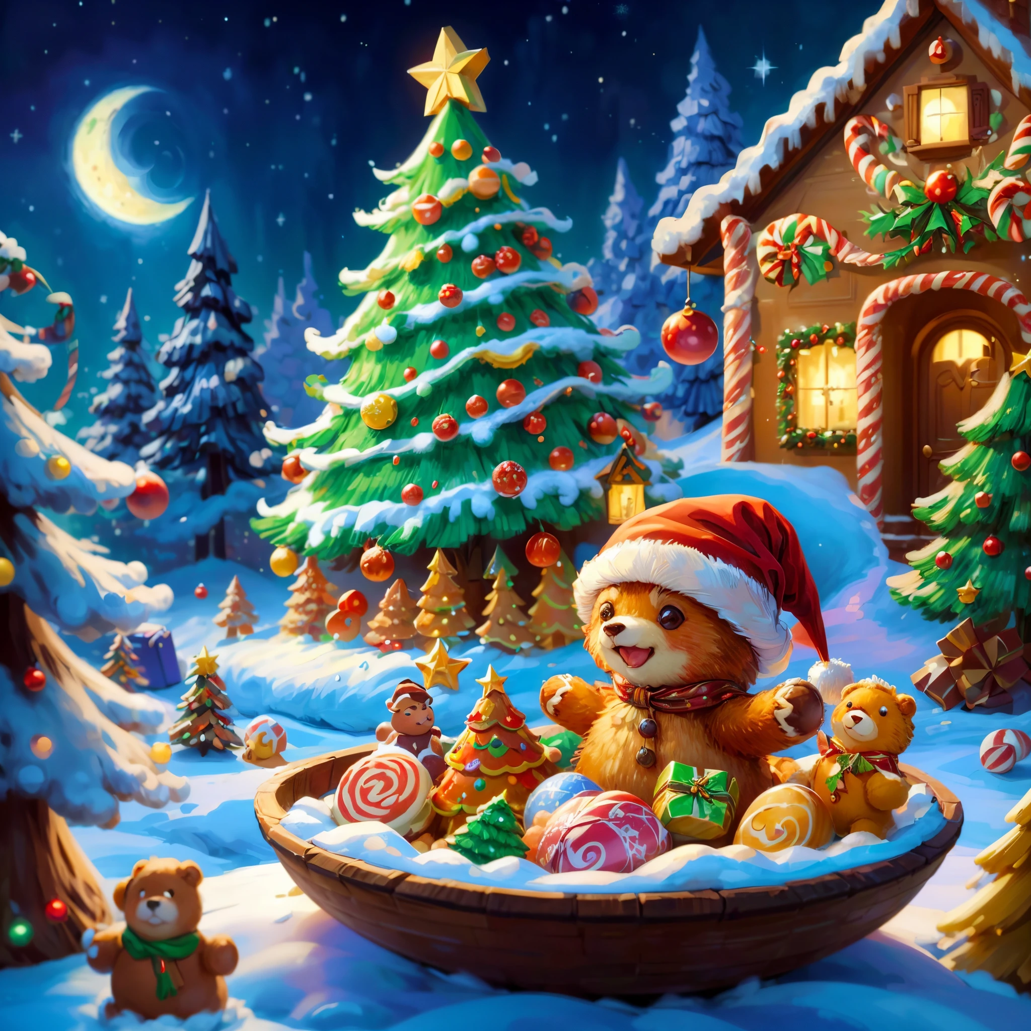 Best quality at best, 8K, A high resolution, tmasterpiece:1.2), ultra - detailed, (actual, realistically:1.37), vibrant with colors, magical ambiance, Whimsical, Sparkling,Fantasy Christmas World,(Christmas in the style of Van Gogh: 1.5), snowy night,((The middle of the picture,Cute bear wearing Christmas hat,Holding a Christmas gift box,Smile happily)),((Christmas tree,Confectionery,Cane sugar,Christmas gifts)), and decorations, Cute design style, natta,Skysky,moon full,Shown in this beautiful scene, vibrant with colors, Surreal, Psychedelic, Complicated details, Beautiful texture, Ethereal, like a dream, Soft glowing light, Charming Patterns, fantastical creature, Hidden surprises, dreamlike landscapes, Surreal color palette, Mystic aura, hyper realisitc, Enchanting journey, psychedelic trip, vivid imagination, immersive experience, mysterious creature, otherworldly charm, glowing paths, Light up a dreamy and beautiful Christmas, surreal sky, Whimsical Christmas elements, a magical encounter, Fascinating artwork