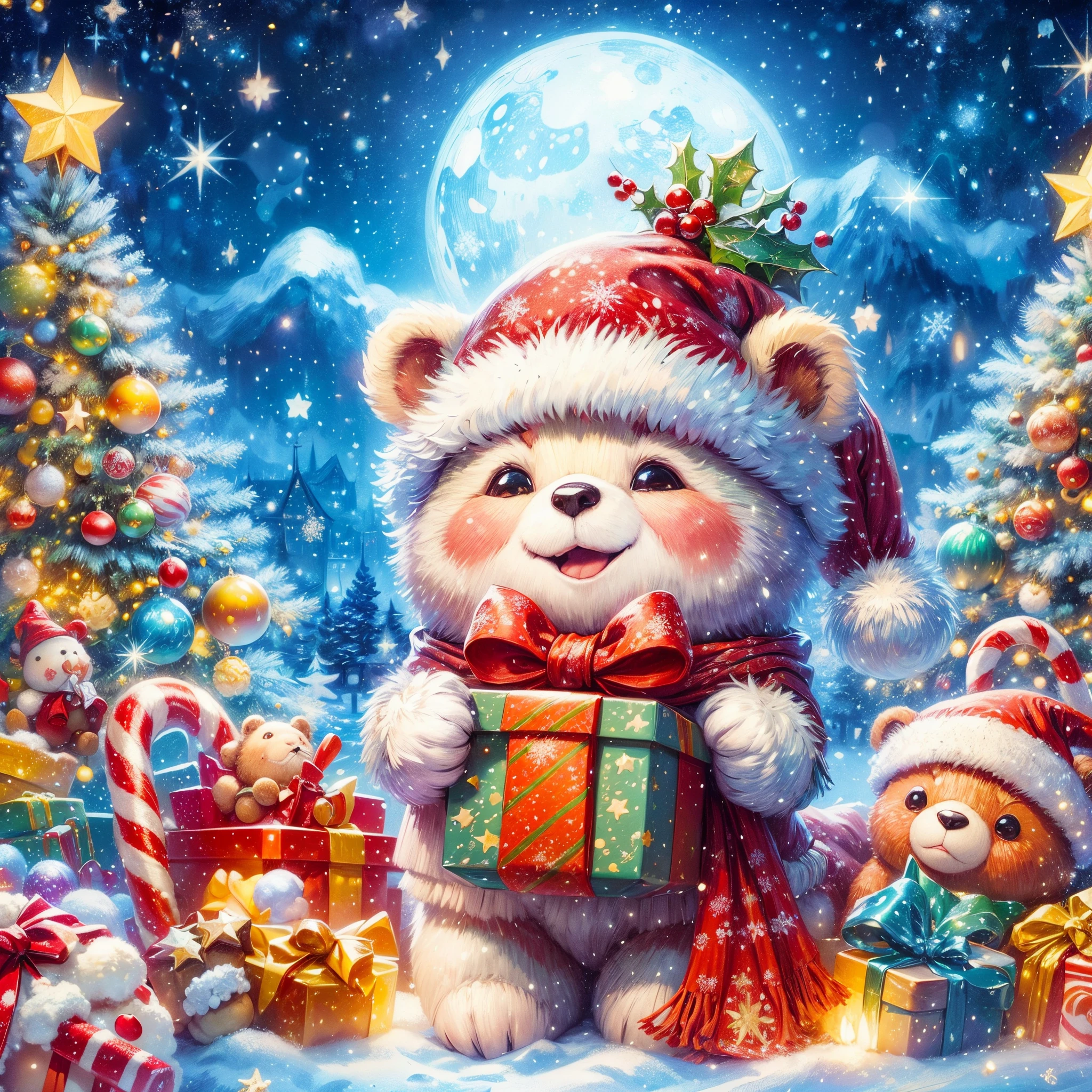 Best quality at best, 8K, A high resolution, tmasterpiece:1.2), ultra - detailed, (actual, realistically:1.37), vibrant with colors, magical ambiance, Whimsical, Sparkling，Fantasy Christmas World，(Christmas in the style of Van Gogh: 1.5), snowy night，((The middle of the picture，Cute bear wearing Christmas hat，Holding a Christmas gift box，Smile happily))，((Christmas tree，Confectionery，Cane sugar，Christmas gifts)), and decorations, Cute design style, natta，Skysky，moon full，Shown in this beautiful scene, vibrant with colors, Surreal, Psychedelic, Complicated details, Beautiful texture, Ethereal, like a dream, Soft glowing light, Charming Patterns, fantastical creature, Hidden surprises, dreamlike landscapes, Surreal color palette, Mystic aura, hyper realisitc, Enchanting journey, psychedelic trip, vivid imagination, immersive experience, mysterious creature, otherworldly charm, glowing paths, Light up a dreamy and beautiful Christmas, surreal sky, Whimsical Christmas elements, a magical encounter, Fascinating artwork