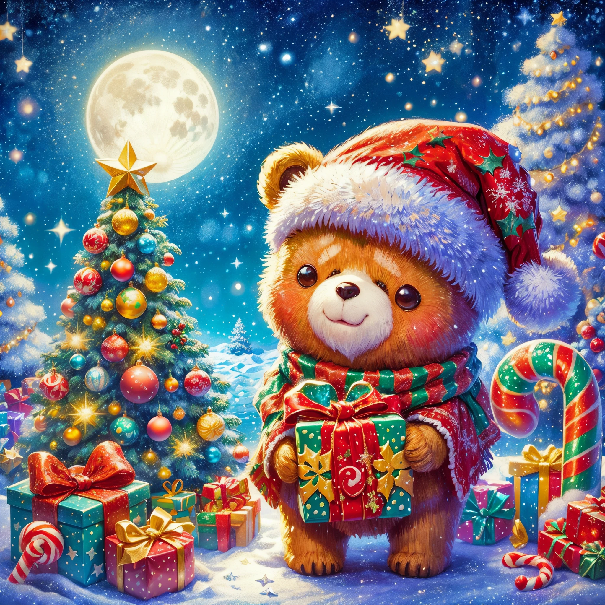 Best quality at best, 8K, A high resolution, tmasterpiece:1.2), ultra - detailed, (actual, realistically:1.37), vibrant with colors, magical ambiance, Whimsical, Sparkling,Fantasy Christmas World,(Christmas in the style of Van Gogh: 1.5), snowy night,((The middle of the picture,Cute bear wearing Christmas hat,Holding a Christmas gift box,Smile happily)),((Christmas tree,Confectionery,Cane sugar,Christmas gifts)), and decorations, Cute design style, natta,Skysky,moon full,Shown in this beautiful scene, vibrant with colors, Surreal, Psychedelic, Complicated details, Beautiful texture, Ethereal, like a dream, Soft glowing light, Charming Patterns, fantastical creature, Hidden surprises, dreamlike landscapes, Surreal color palette, Mystic aura, hyper realisitc, Enchanting journey, psychedelic trip, vivid imagination, immersive experience, mysterious creature, otherworldly charm, glowing paths, Light up a dreamy and beautiful Christmas, surreal sky, Whimsical Christmas elements, a magical encounter, Fascinating artwork