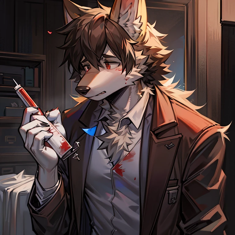 male dog ears,shaggy,the doctor,The white surgical gown stained with blood,Holding a bloody scalpel in his hand,