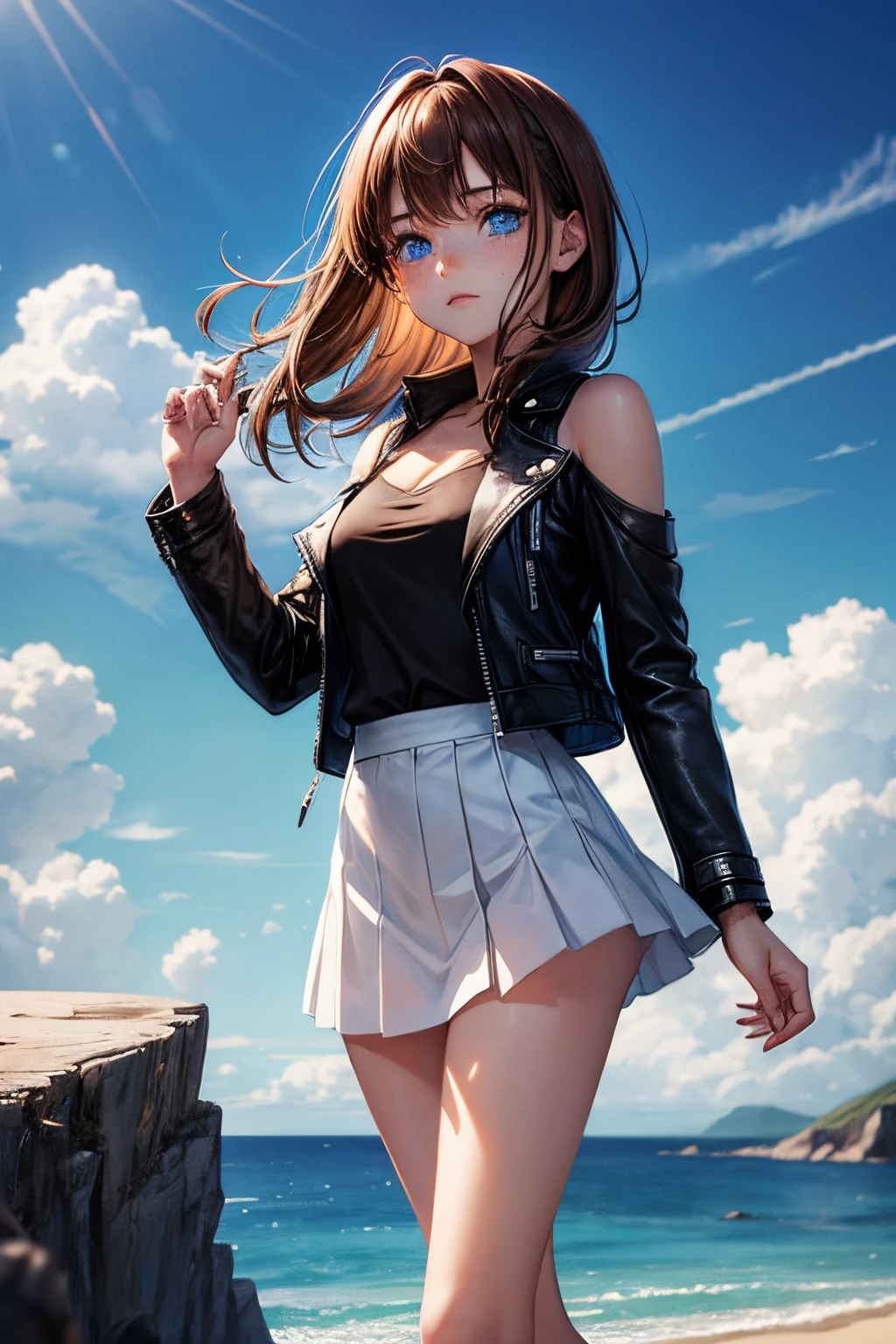 young woman, standing at the edge of a cliff, clear sapphire blue eyes, shoulder length brown hair, freckles, short brown leather jacket