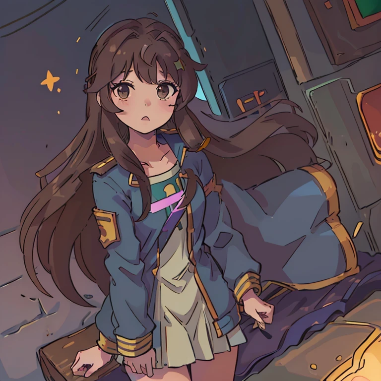 Una chica y un chico abrazados, Monika (Doki Doki Literature club) long loose brown hair, Light brown eyes, saco militar verde oscuro. y Seiya (Saint Seiya) con chaqueta de mezclilla azul, paliacate rojo en el cuello, dark brown hair,