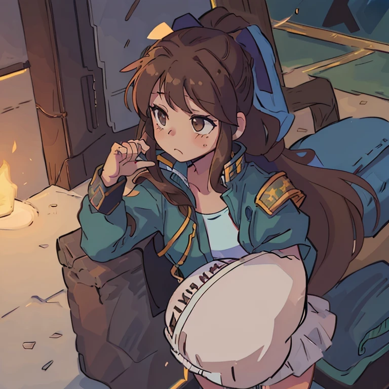Una chica y un chico abrazados, Monika (Doki Doki Literature club) long loose brown hair, Light brown eyes, saco militar verde oscuro. y Seiya (Saint Seiya) con chaqueta de mezclilla azul, paliacate rojo en el cuello, dark brown hair,