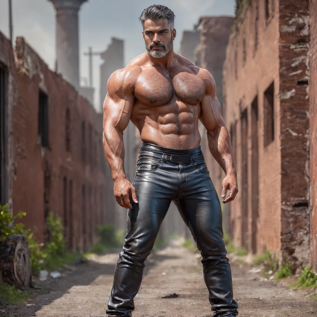 (Best quality at best, stunning detailed: 1.4), tmasterpiece, Original characters, Natural volumetric lighting and shadows, Deep in the field, Focus sharp, Portrait of 45 year old man with incredibly beautiful muscles, full bodyesbian, Handsome face full of masculinity, sbeard, The eyes are clear and charming, lusty smile, Short fluffy gray hair, Bare-chested, Leather short painted body: 1.05), (Wall background of graffiti mural: 1.15), Old industrial area, (Crossword puzzle while standing on the ruins of the city streets: 1.2), Picturesque, overexposure, photographrealistic, realisticlying, NSFW, sexy for, , Sharp, Focused, at centre, , k hd, 8K, SLR camera, raw