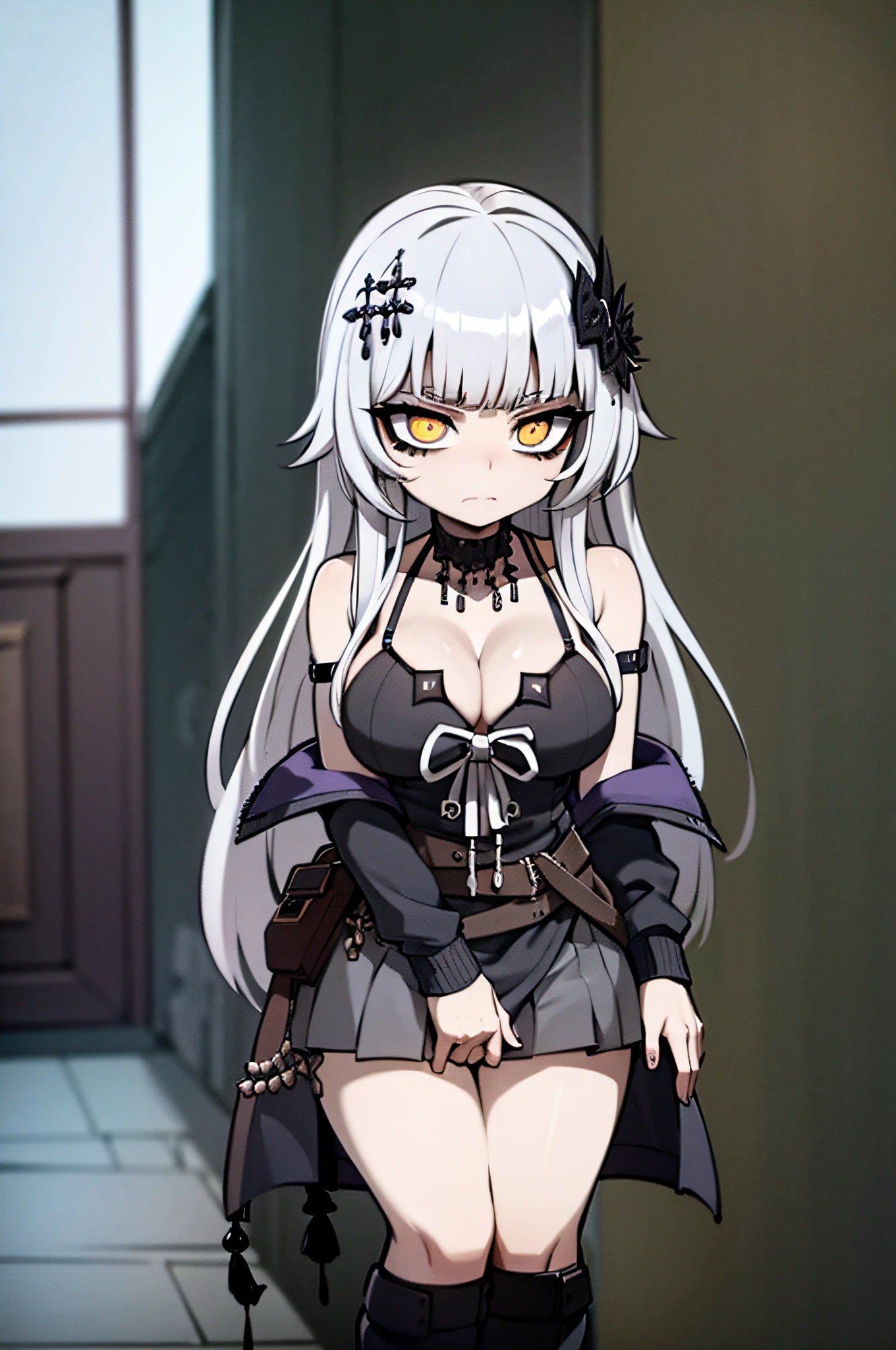 (masterpiece), best quality, expressive eyes, perfect face, black jacket, long hair, big breasts, full body, one female, emberesment,