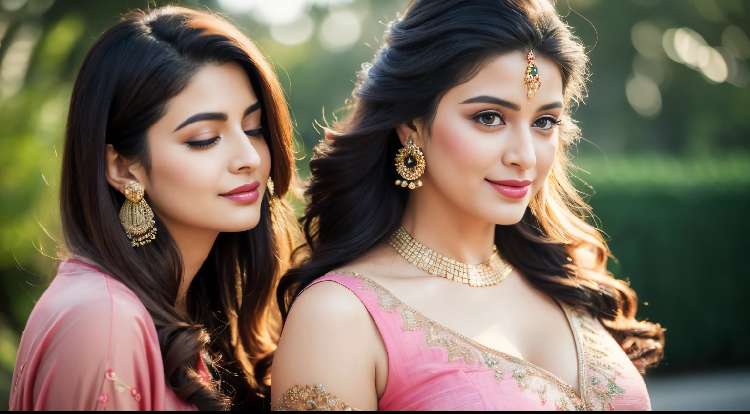 (best quality,4k,8k,highres,masterpiece:1.2),ultra-detailed,(realistic,photorealistic,photo-realistic:1.37),indian actress with smily with red dress,1girl,beautiful detailed eyes,beautiful detailed lips,extremely detailed eyes and face,long eyelashes,shiny black hair,sun-kissed skin,golden bangles and earrings,sparkling smile, flowing gown,silk fabric,flowy texture,fine embroidery,pink silk ribbon,bright and vibrant colors,portrait style,soft lighting,delicate brushstrokes,vivid and warm color palette,subtle shades of pink and gold,sunlit garden background with blooming flowers,green foliage,soft and dreamy atmosphere.