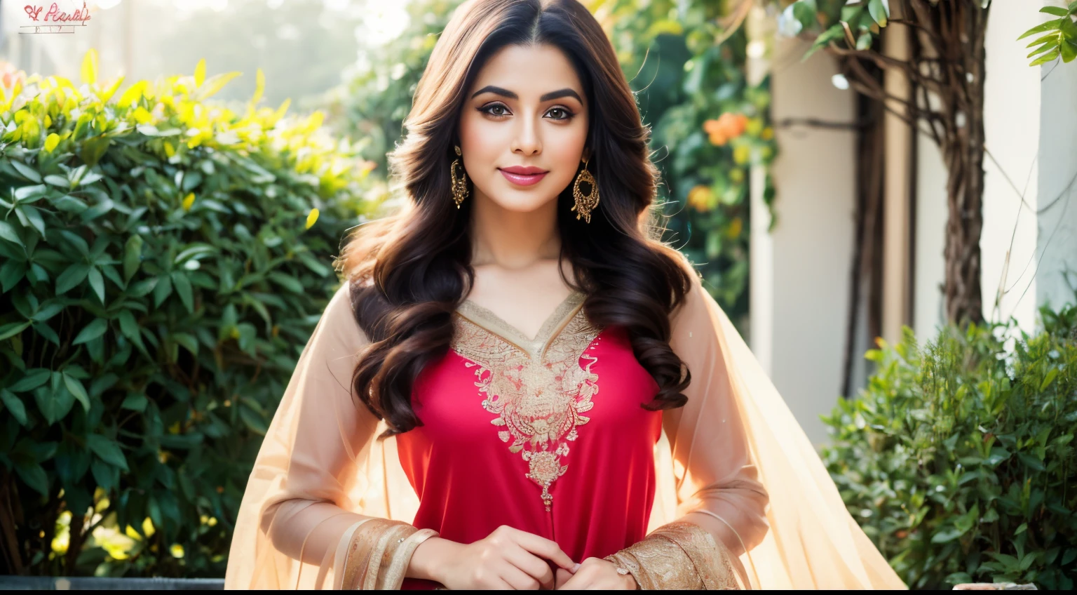 (best quality,4k,8k,highres,masterpiece:1.2),ultra-detailed,(realistic,photorealistic,photo-realistic:1.37),indian actress with smily with red dress,1girl,beautiful detailed eyes,beautiful detailed lips,extremely detailed eyes and face,long eyelashes,shiny black hair,sun-kissed skin,golden bangles and earrings,sparkling smile, flowing gown,silk fabric,flowy texture,fine embroidery,pink silk ribbon,bright and vibrant colors,portrait style,soft lighting,delicate brushstrokes,vivid and warm color palette,subtle shades of pink and gold,sunlit garden background with blooming flowers,green foliage,soft and dreamy atmosphere.