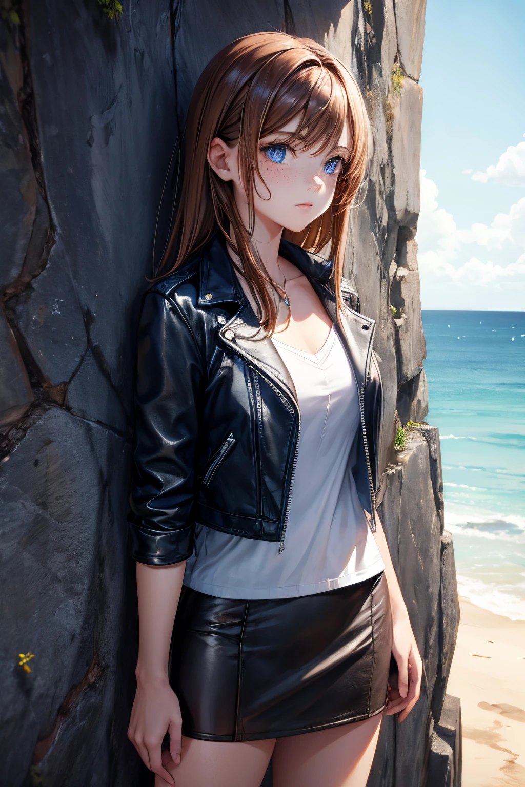 young woman, standing at the edge of a cliff, clear sapphire blue eyes, shoulder length brown hair, freckles, short brown leather jacket