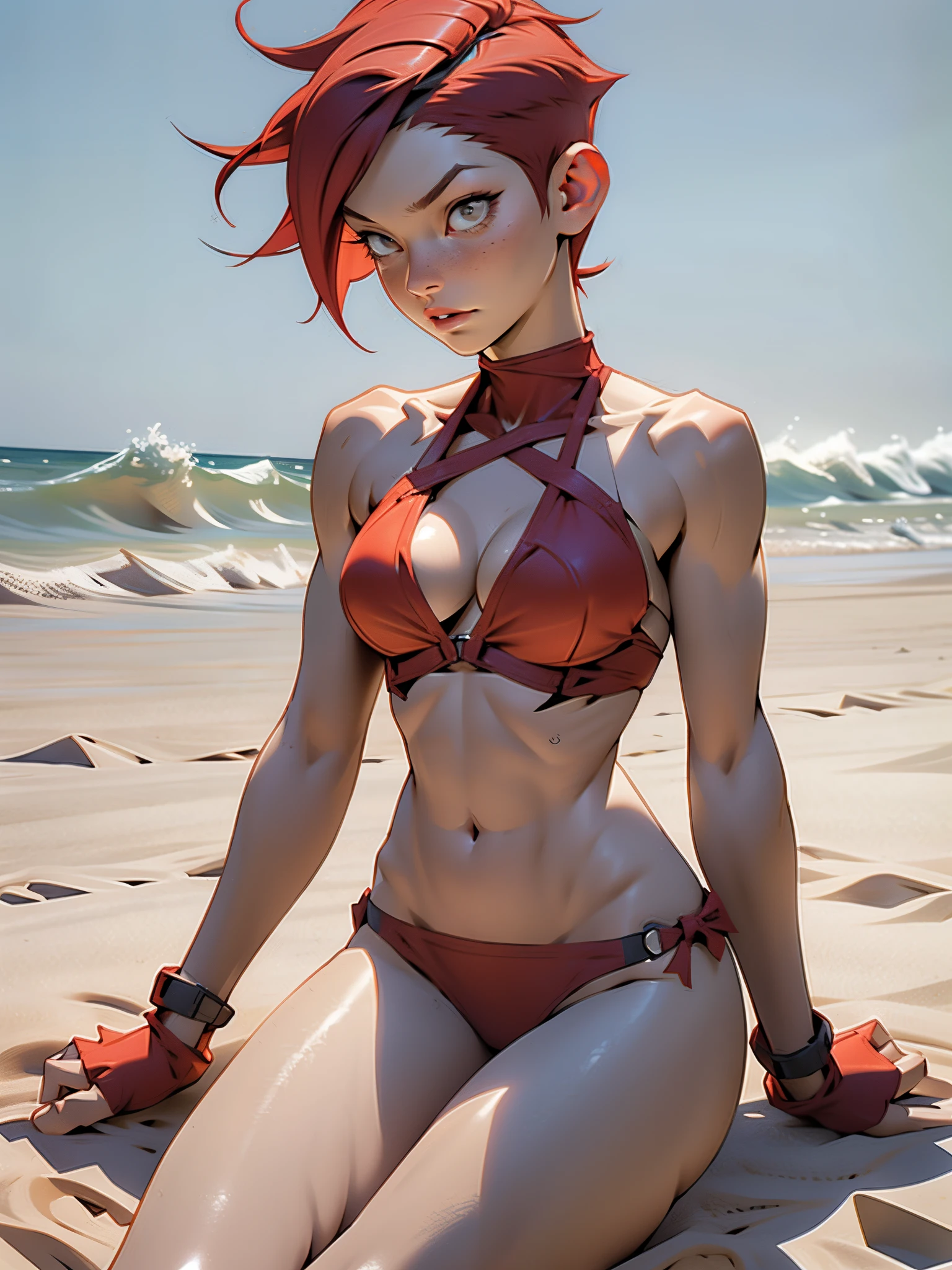 1girl, full body, ager, solo, (short pixie cut Hair, undercut red hair: 1.28), ((light gray eyes)), some small freckles, (dark fox ears: 1.35), pale skin, large breasts, cleavage, (thin hips, thin waist , athletic body: 1.25), background, looking away, (wearing only a bikini: 1.5), lying down in the sand, perfect hands, perfect fingers, at a beach, masterpiece, best quality,3d rending work ,3DMM style, 3D,