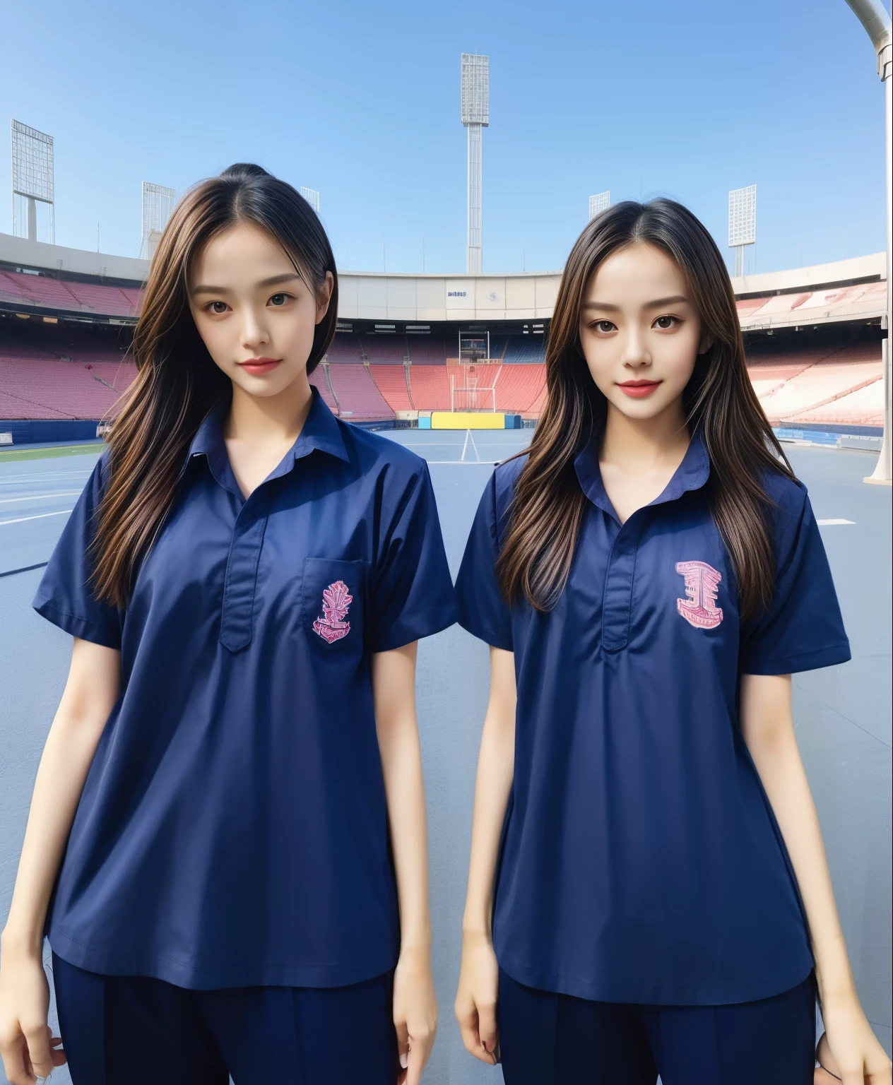 (bestquality,10,10,highres,masterpiece:1.2),ultra-detail,(Realistic,photorealistic portrait,photo-realistic:1.37),1 Cute girl in the football field,oily shiny skin,bara,light smile,BDclothelue shirt:1.3)),short sleeves,shirt, trousers.,(navy_long_Pants Track:1.1), ((Stadium Background:1.3)),dynamic angle,excited,face focus,Dynamic Poses,from behide,Ass Focus,masterpiece, bestquality, ultra realistic, hyper-detail, 8k resolution, RAW photo, crisp focus, ((Navy blue shirt:1.1)), short sleeves, Long Path, Perfect body, 2 mature women, 18yo, cinematic light,Blue sweatpants,Gymware,Correct anatomy,Complete body, Correct body, sharp face, Anatomically correct body, full entire body, Realistic gestures, long-haired, Realistic poses,Wear long shorts.......................................,Long leg span,Shapely,Sculpting Girl, Slender Figure, mannequin mannequins, Shapely, Beautiful body,Blue sweatpants, Two girls kissing