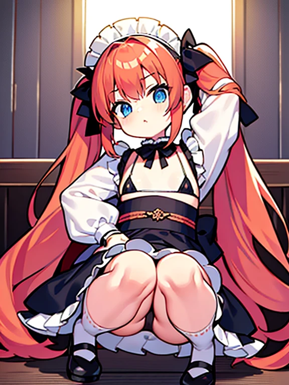 {{best quality}}, {{masterpiece}}, {{ultra-detailed}}, {illustration}, {detailed light}, red hair,blue eyes,twintails,maid, long hair, long sleeves, gothic, solo, ,litte, japanese anime, gravure style, micro bikini, arms behind head, squatting, spread legs