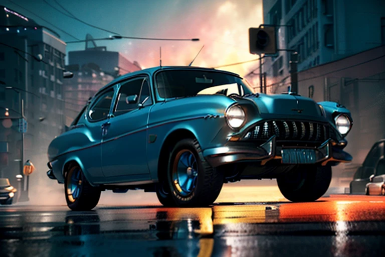 there a blue car that parked on the street, highly detailed hyper real retro, cinema 4d cinematic render, unreal engine. retro film still, moskvich, octane photoreal 3 d render, photorealistic render in octane, photo realistic octane render, photorealistic cinematic render, octane cgsociety, digital painting. octane render, octane trending on cgsociety