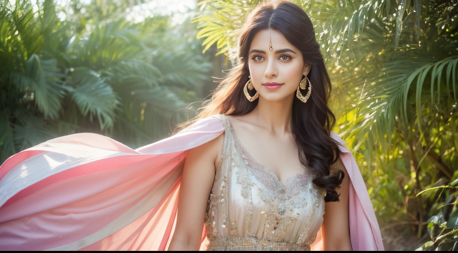 (best quality,4k,8k,highres,masterpiece:1.2),ultra-detailed,(realistic,photorealistic,photo-realistic:1.37),indian actress with smily with lavender dress,1girl,beautiful detailed eyes,beautiful detailed lips,extremely detailed eyes and face,long eyelashes,shiny black hair,sun-kissed skin,golden bangles and earrings,sparkling smile, flowing gown,silk fabric,flowy texture,fine embroidery,silk ribbon,bright and vibrant colors,portrait style,soft lighting,delicate brushstrokes,vivid and warm color palette,subtle shades of pink and gold,sunlit garden background with blooming flowers,green foliage,soft and dreamy atmosphere