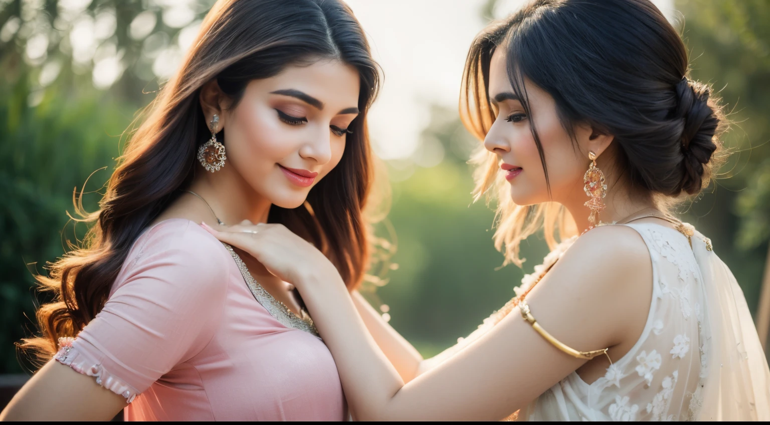 (best quality,4k,8k,highres,masterpiece:1.2),ultra-detailed,(realistic,photorealistic,photo-realistic:1.37),indian actress with smily with lavender dress,1girl,beautiful detailed eyes,beautiful detailed lips,extremely detailed eyes and face,long eyelashes,shiny black hair,sun-kissed skin,golden bangles and earrings,sparkling smile, flowing gown,silk fabric,flowy texture,fine embroidery,silk ribbon,bright and vibrant colors,portrait style,soft lighting,delicate brushstrokes,vivid and warm color palette,subtle shades of pink and gold,sunlit garden background with blooming flowers,green foliage,soft and dreamy atmosphere