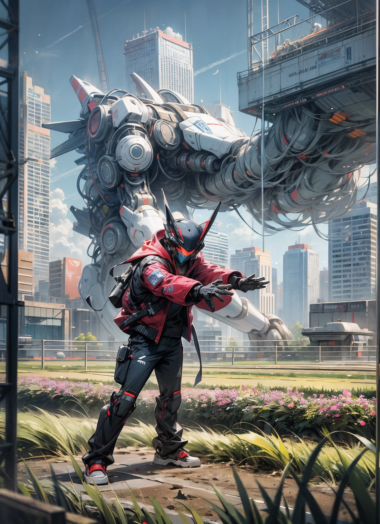 a boy training a n advanced robot in the fields of backyard, amazing sky view, neon futuristic skyscrapers in the background --auto --s2