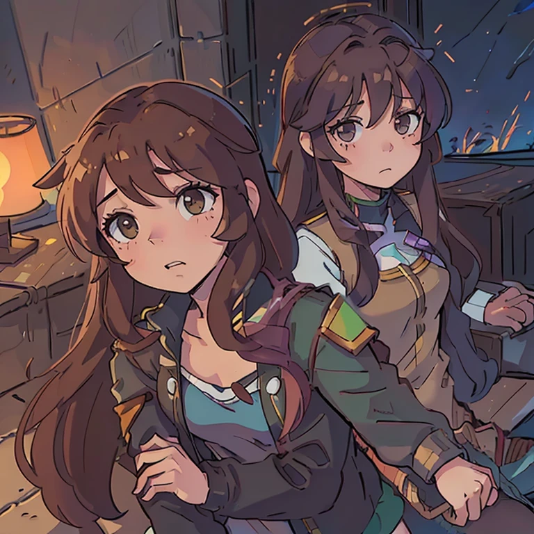Una chica y un chico abrazados, Monika (Doki Doki Literature club) long loose brown hair, Light brown eyes, saco militar verde oscuro. y Seiya (Saint Seiya) con chaqueta de mezclilla azul, paliacate rojo en el cuello, dark brown hair,