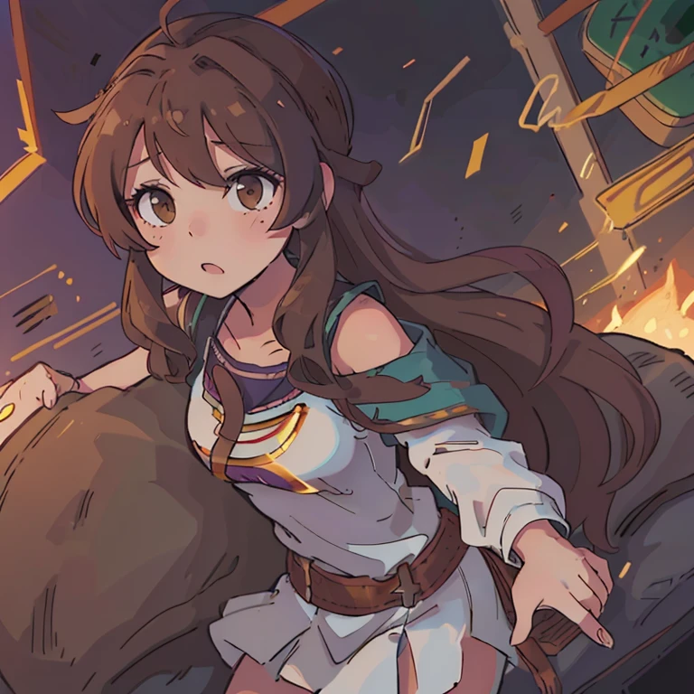 Una chica y un chico abrazados, Monika (Doki Doki Literature club) long loose brown hair, Light brown eyes, saco militar verde oscuro. y Seiya (Saint Seiya) con chaqueta de mezclilla azul, paliacate rojo en el cuello, dark brown hair,