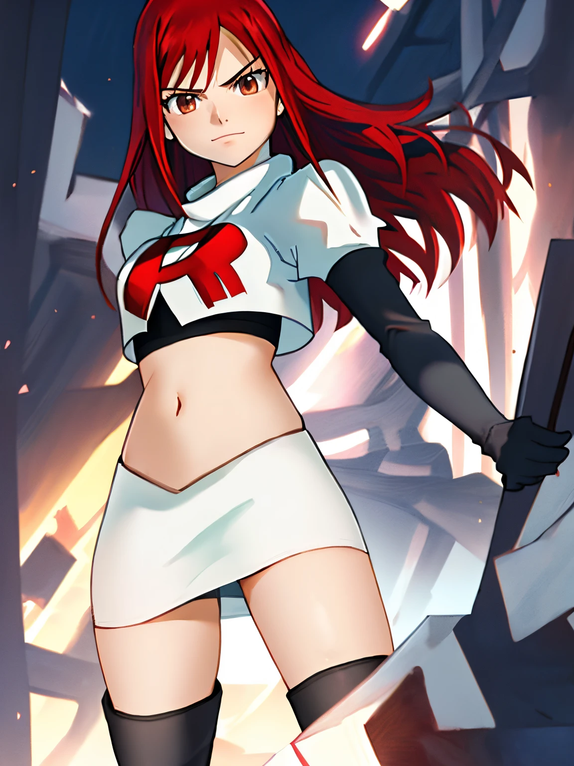 1girl, solo, erza scarlet, fairy tail, red hair, brown eyes, long hair, looking at viewer, serious, closed mouth, team rocket uniform, red letter R, white skirt,white crop top,black thigh-high boots, black elbow gloves, smile, looking at viewer, cowboy shot, sexy pose