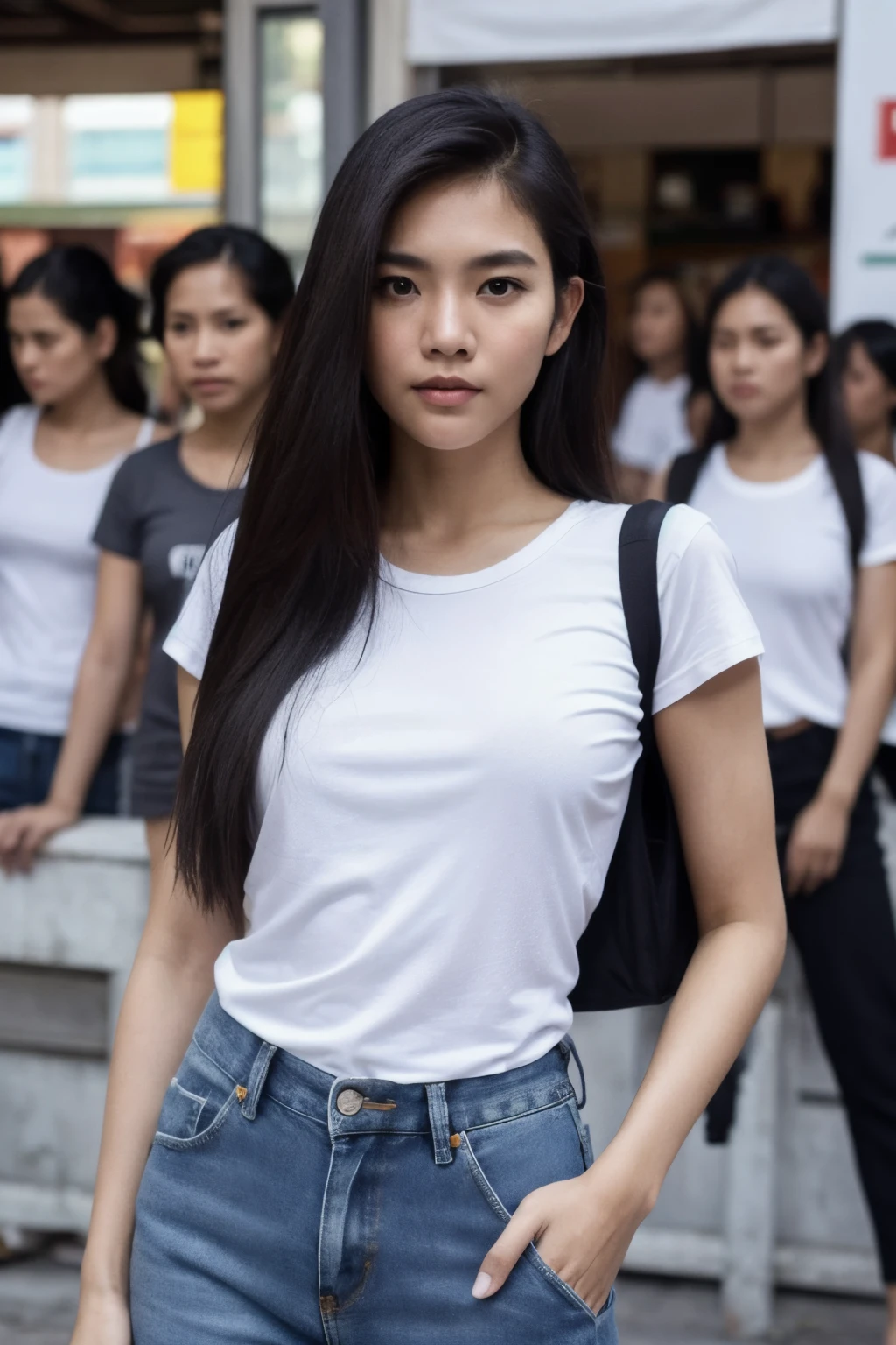 Thai woman, Just look at the audience, long whitr hair, The super short T-shirt reveals a little bit , Ultra-short jeans can only cover half of it, (Town rooftopilmgrain, rim-light, The upper part of the body, Close-up Shot Shot, Hands in your pockets,