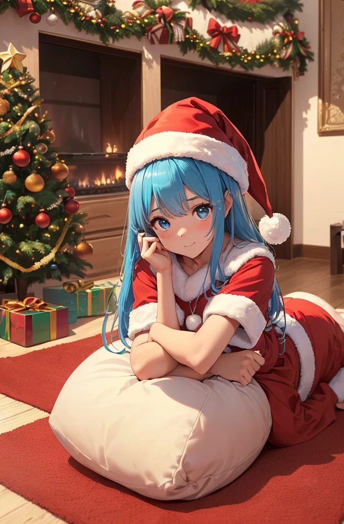 qualidade superior、Qualidade de imagem superior、obra prima、menina adolescente((Natal、santa hat、18 anos、 Idade、Melhor Busto、grande bast,Lindo apoio de olhos azul claro bem aberto, uma loira、Um esguio,Grandes vales、tingir as bochechas de vermelho、Refletindo todo o corpo、rir、sacolinha branca para presente de natal、Capa vermelha、shy face、embarrassed face、expansion,inclinando-se para a frente)),Hiqualidade、arte bonita、Antecedentes com((meu elegante quarto noturno、Vento de Natal、stove、red carpet on the floor、lareira、Christmas tree、cama vermelha、Kotatsu、presente de Natal)))、masutepiece、profundidade de campos,