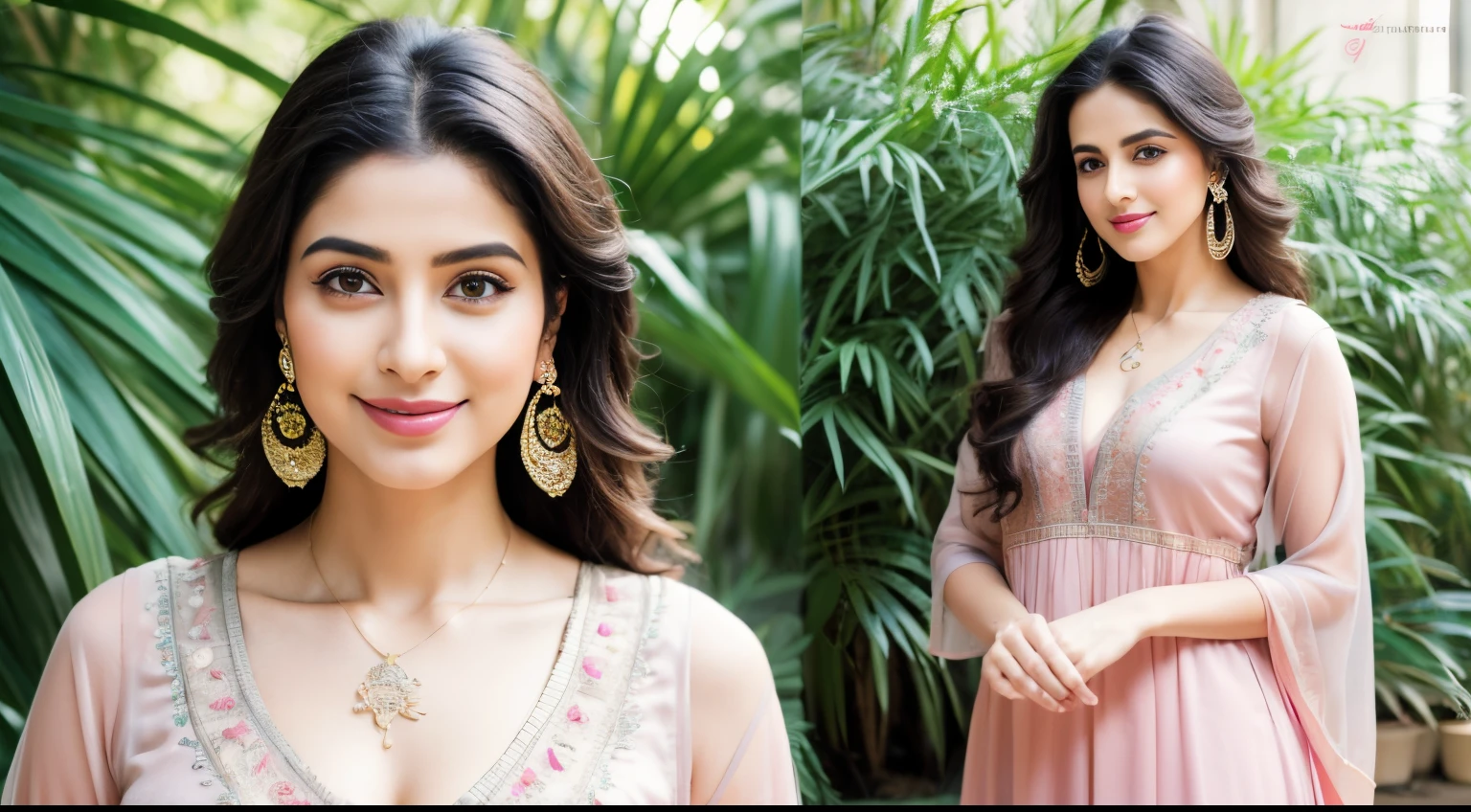 (best quality,4k,8k,highres,masterpiece:1.2),ultra-detailed,(realistic,photorealistic,photo-realistic:1.37),indian actress with smily with lavender dress,1girl,beautiful detailed eyes,beautiful detailed lips,extremely detailed eyes and face,long eyelashes,shiny black hair,sun-kissed skin,golden bangles and earrings,sparkling smile, flowing gown,silk fabric,flowy texture,fine embroidery,silk ribbon,bright and vibrant colors,portrait style,soft lighting,delicate brushstrokes,vivid and warm color palette,subtle shades of pink and gold,sunlit garden background with blooming flowers,green foliage,soft and dreamy atmosphere