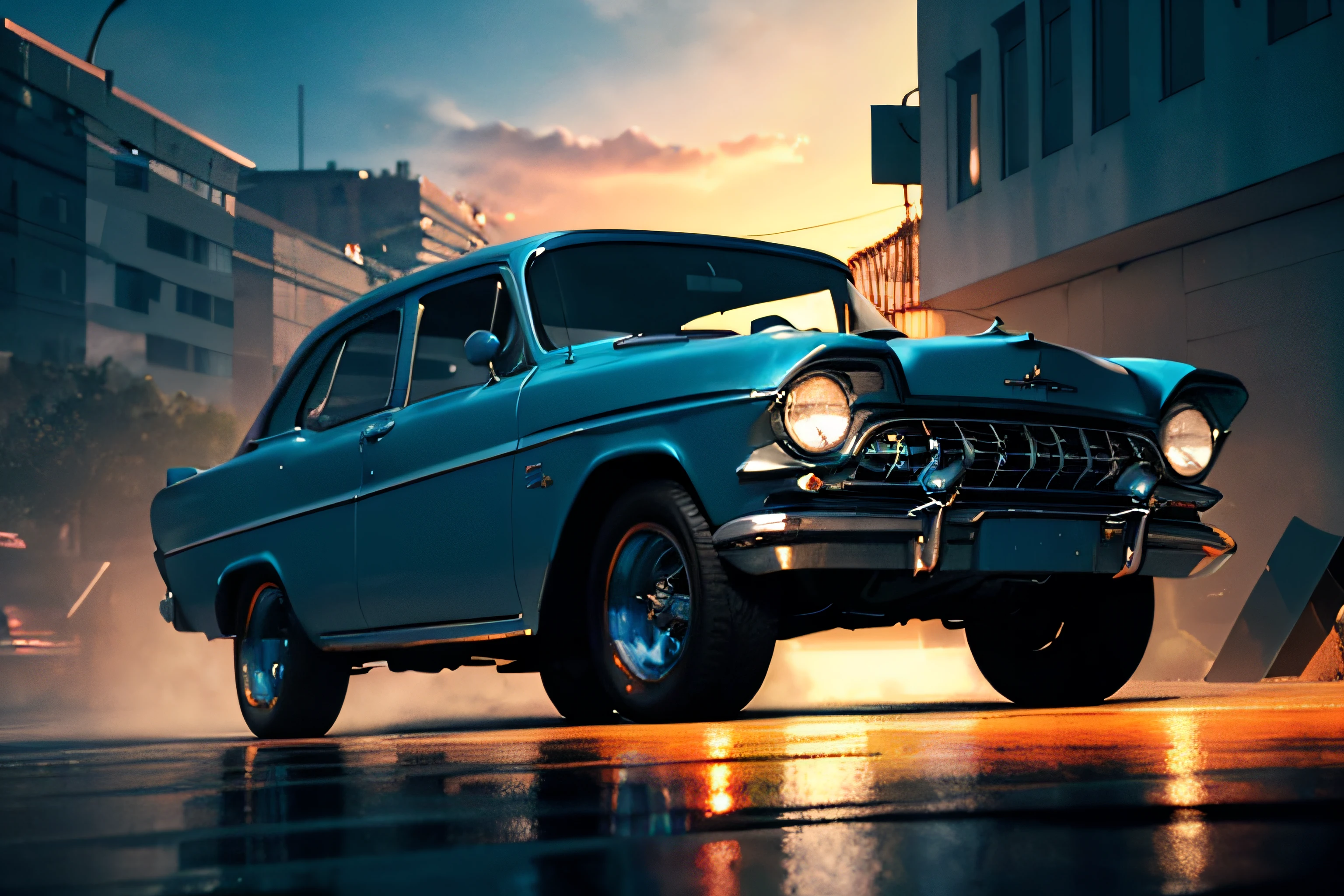 there a blue car that parked on the street, highly detailed hyper real retro, cinema 4d cinematic render, unreal engine. retro film still, moskvich, octane photoreal 3 d render, photorealistic render in octane, photo realistic octane render, photorealistic cinematic render, octane cgsociety, digital painting. octane render, octane trending on cgsociety