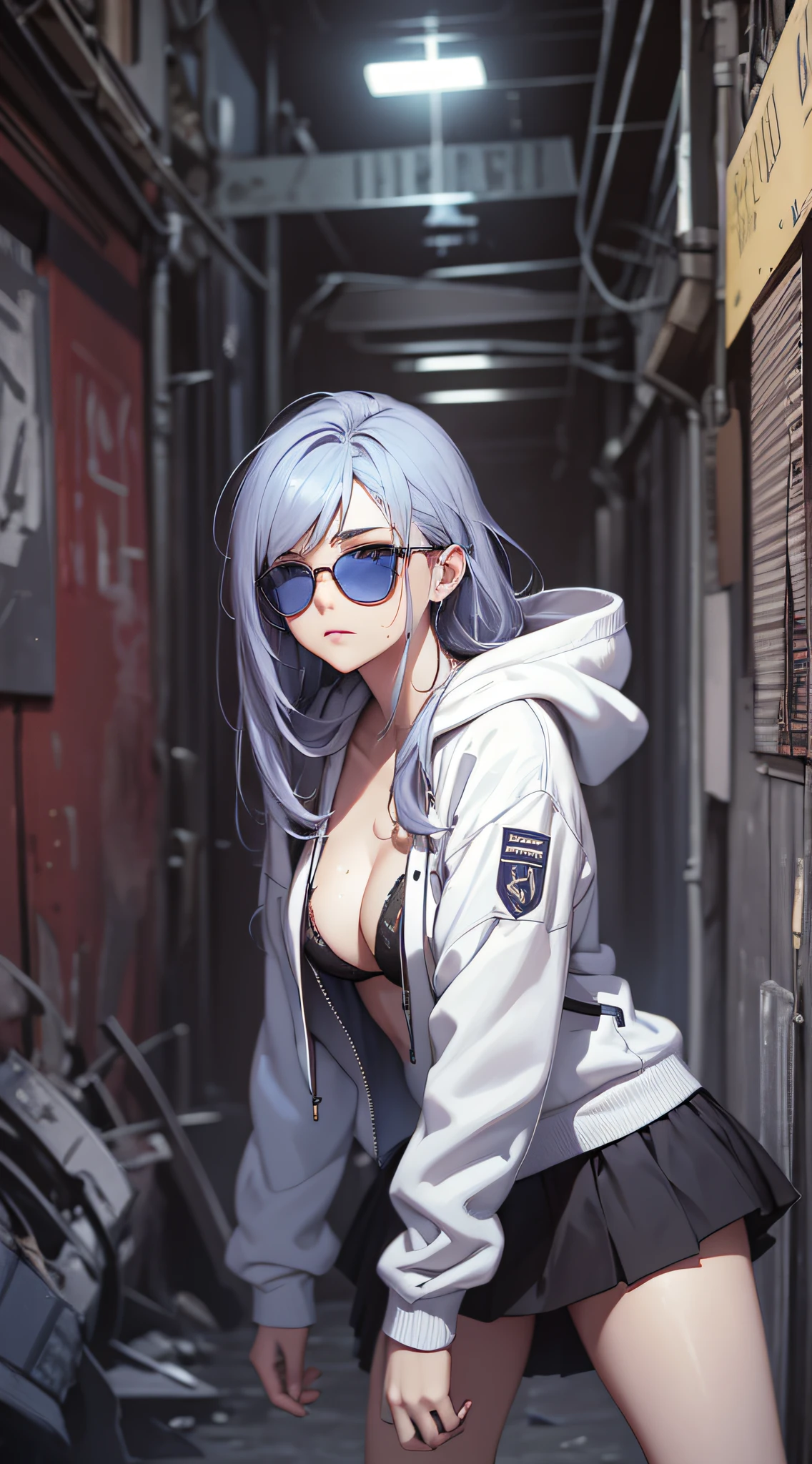 top-quality、Top image quality、masterpiece、teens girl((White hoodie with open chest、Black skirt、18year old、 Ager、Best Bust、big bast,Beautiful light blue eyes, Long silver hair、A slender,Large valleys、Reflecting the whole body、Leaning forward、put red sunglasses on your eyes、jumping pose、worried face、tension、lean against the wall、Sweating、Pose quietly)),hiquality、Beautiful Art、Background with((Ruins、survival、Suspicious person))masterpiece、depth of fields,