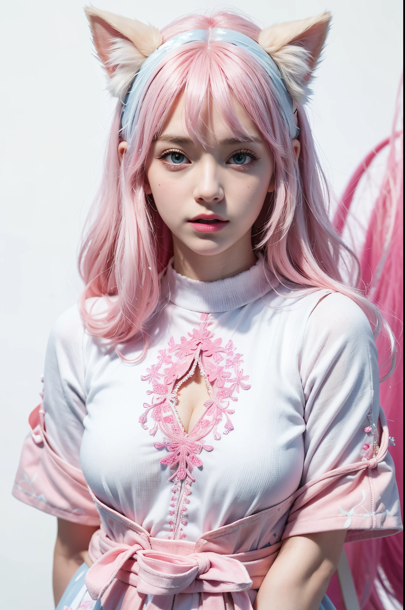 (cross pasties :1.8),(nude :1.3),(8k, 4K, highest quality, High resolution, 超High resolution:1.1), (masterpiece, Realistic, photo-Realistic:1.1), Cute Woman, Pink and white hair, (Reverse Bunny Girl), Show one&#39;S side,(Show me your armpits), (whole body),Spread your legs, (blue eyes),shiny pink Clothes,Sleeveless,tights,Bodycon,Mini Dress,(transparent),
