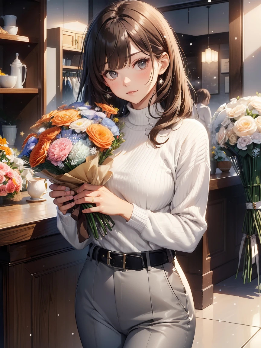 Best Quality, masutepiece, beautiful mature women、Beautiful face、Strong-minded woman、Officelady、(Plain white sweater、Gray pants、a belt、Winter Outfit:1.5)、(brown haired、Bangs are asymmetrical)、(Brown-eyed)、Longhaire、(((✨:1.5)))、BREAK(hand over a bouquet:1.5)