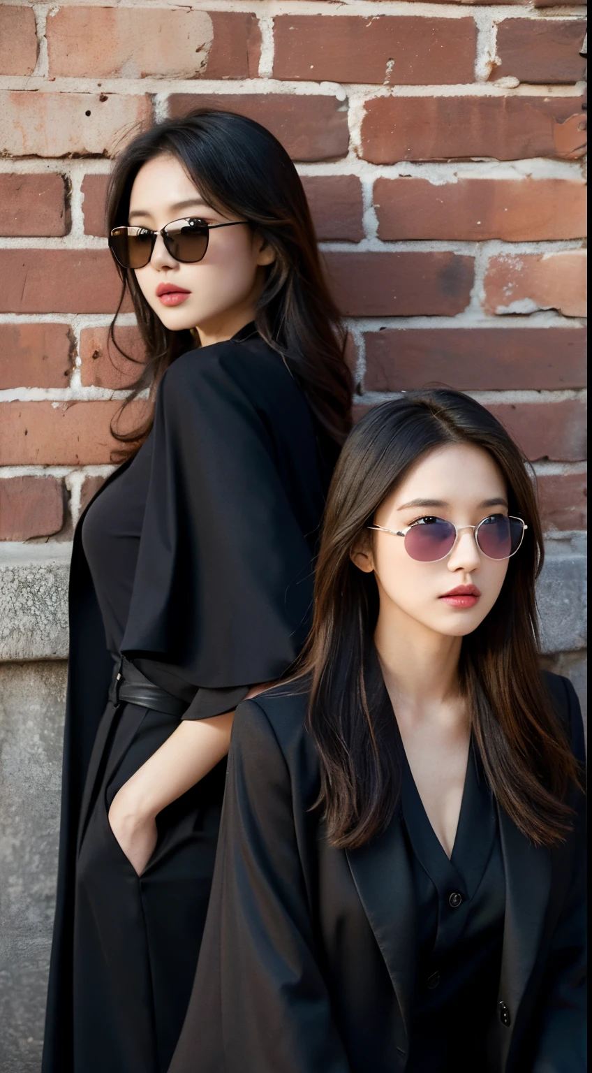 (Best quality at best, A high resolution, On the table:1.1), ultra - detailed, (actual, 真实感:1.3,Group photo of the three, (Women's group, :1.1), dressed in a suit, tiese, sun glasses, brick walls, leaning back against the wall, smokeing, in group photo, cinematic ligh "Overboard dogrick wall background, Woman in Black, modern attire, fully dressed, sexy for, ban, shirt art, defiance, Black robe, wastelands, old movie, high-resolution skin, (cinematic ligh灯光: 1.2 ), 美丽细致的眼睛, The face very detailed, Highest quality, Delicate hair, exquisite facial features, s the perfect face, wide angles, realisticlying, broken movie, 4K, 8K, 32K, smokeing, Cinematic,Beautiful woman,beuaty girl,Exquisite and beautiful face shape,8K quality,Nikon camera D800,Three girls
