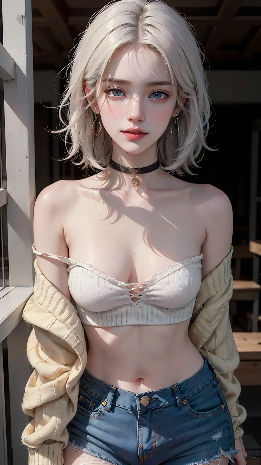 ((((masterpiece, best quality, high resolution)))), (1girl:1.5), ((short silky hair, white hair, purple eyes, earrings, choker)), (medium breasts:1.2), blush, (light smile, parted lips), glow, thighs, bare shoulders, collarbone, narrow waist, (slender body figure), cleavage, (beautiful detailed face, beautiful detailed eyes), ((dark knitted midriff cropped sweater)), ((ripped jeans shorts)), (standing up), looking at viewer