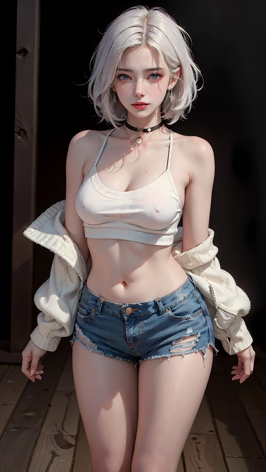 ((((masterpiece, best quality, high resolution)))), (1girl:1.5), ((short silky hair, white hair, purple eyes, earrings, choker)), (medium breasts:1.2), blush, (light smile, parted lips), glow, thighs, bare shoulders, collarbone, narrow waist, (slender body figure), cleavage, (beautiful detailed face, beautiful detailed eyes), ((dark knitted midriff cropped sweater)), ((ripped jeans shorts)), (standing up), looking at viewer