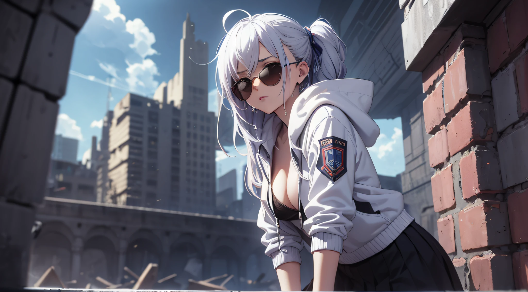 top-quality、Top image quality、​masterpiece、teens girl((White hoodie with open chest、Black skirt、18year old、 Ager、Best Bust、big bast,Beautiful light blue eyes, Long silver hair、A slender,Large valleys、Reflecting the whole body、Leaning forward、put red sunglasses on your eyes、jumping pose、worried face、tension、lean against the wall、Sweating、Pose quietly)),hiquality、Beautiful Art、Background with((Ruins、survival、Suspicious person))​masterpiece、depth of fields,