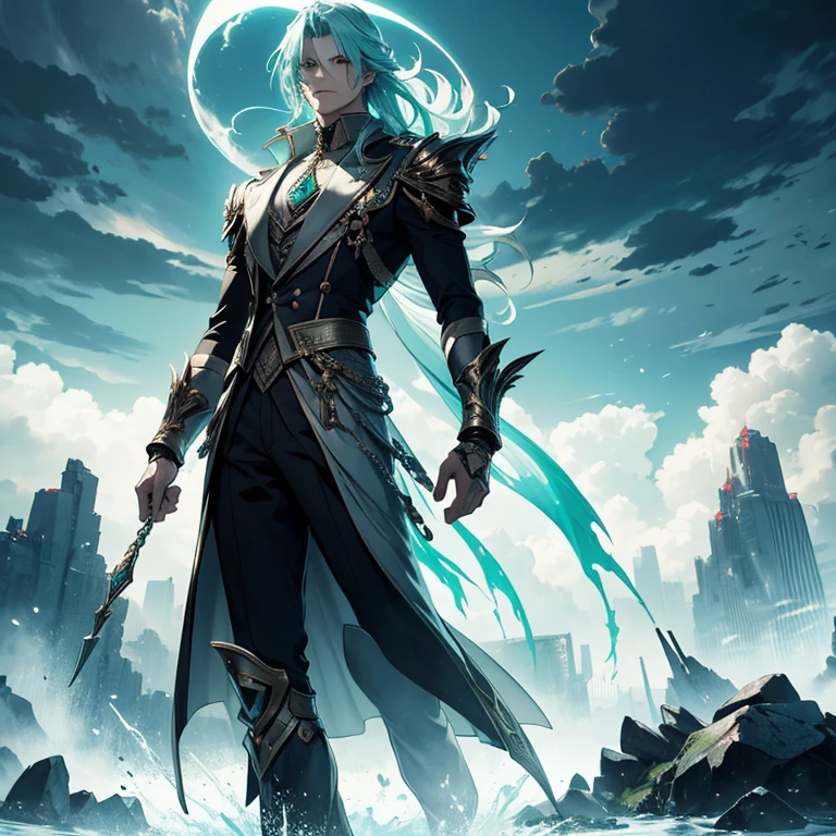 Master piece, 8k, ultra detailed, male god, Final Fantasy clothes, emerald jewel, man, male slender man, long cyan hair, red eyes, haughty face, full body frame, hurricane and lightnings background