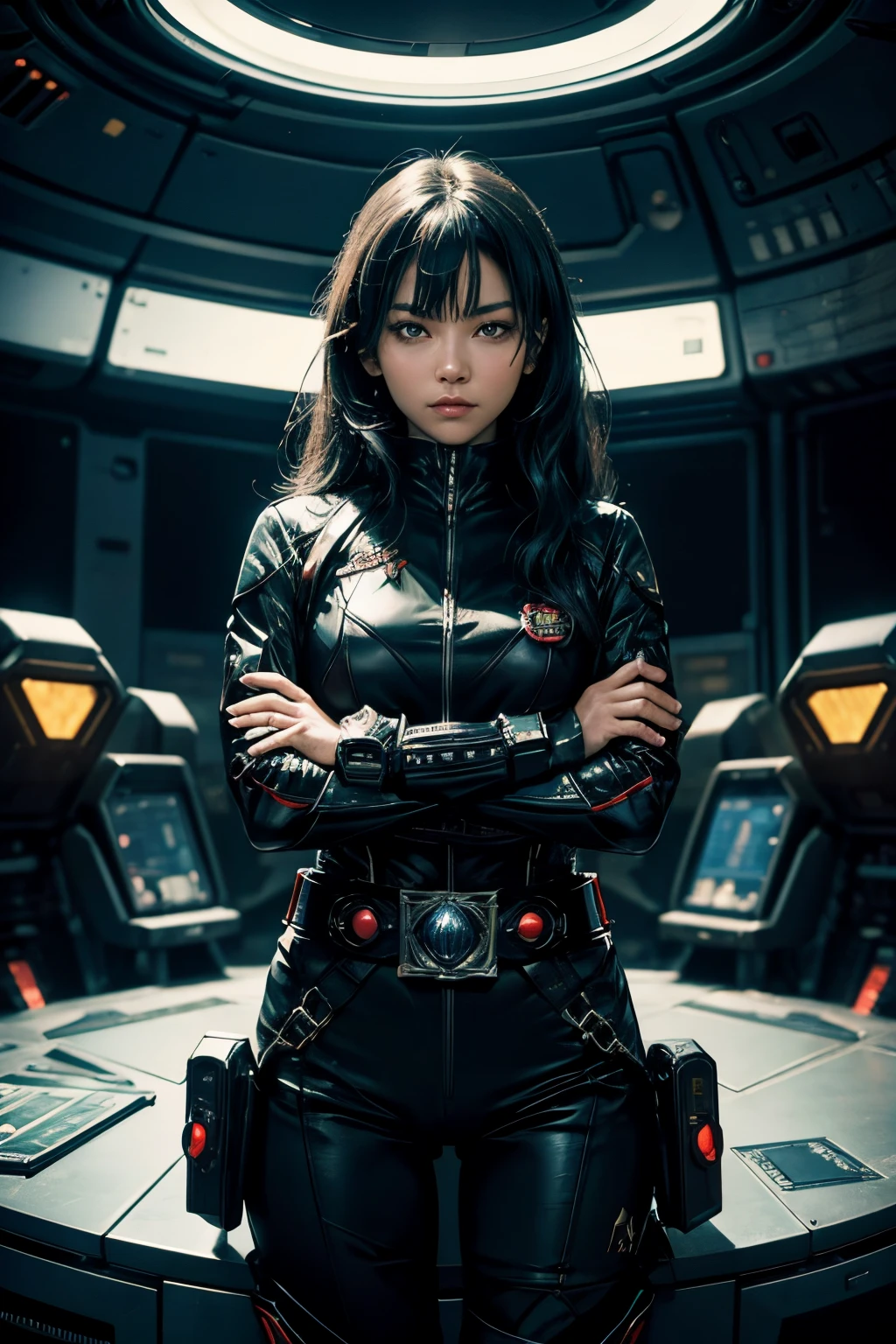 A beautiful woman looks at the camera with a defiant expression. she has her arms crossed. She is wearing black combat uniform. There is something like Kamen Rider's transformation belt on his waist. She is inside a spaceship, with a command seat behind her. 8K image quality.