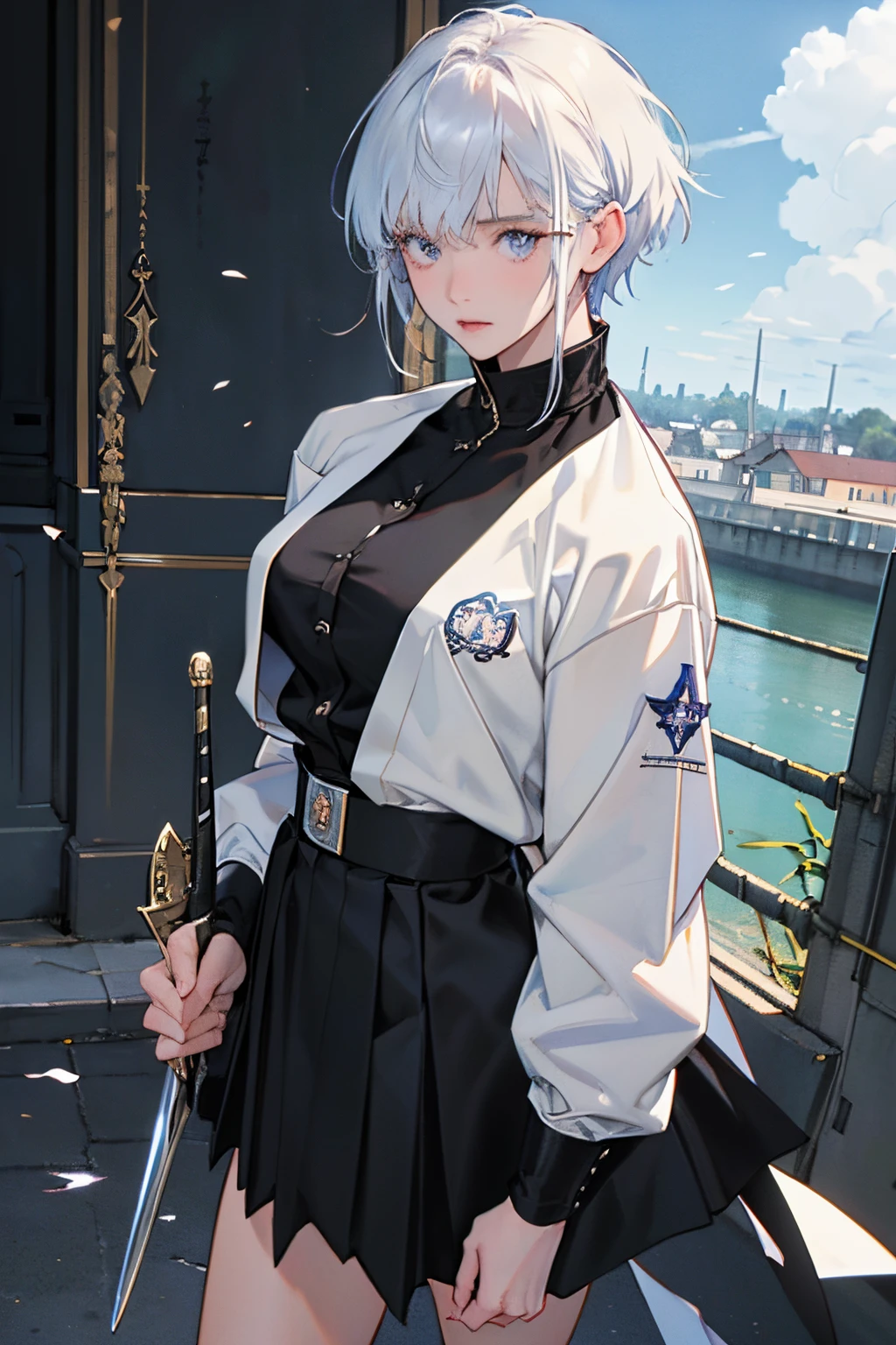 Anime-Moe-Kunststil,Best Anime 8K Konachan Wallpapers,Badass Anime 8K,Perfekte Anatomie, (Please draw a picture of a girl, das vom Dach auf die Stadt blickt..........)from diagonally above,Overhead Angle,BRECHEN, 1 This girl is a swordswoman, (nur,Lori,Kind,18 Jahre alt:1.3), Androgyne Anziehung, (Sehr langes graues Haar, Blunt Bangull limbs, Komplette Finger,, Kleiner Hintern, Leiste, Beautiful dark eyes, erstellt durch detailliertes 8K, Jacke,Obi,Flowing skirt, auf dem Dach eines Wolkenkratzers stehen. BRECHEN, Ich habe eine Mission.。Sasasasa...。Ultra-detailliert,high resolution,Super detaillierter Skin, Professionelle Beleuchtung, Illustration,Landschaft der nahen Zukunft