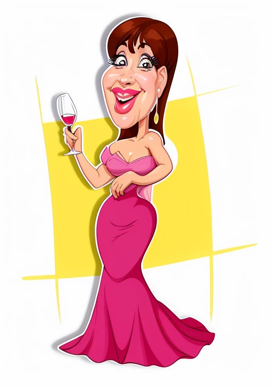 cartoon woman in a pink dress holding a glass of wine, estilo caricatura, caricature illustration, caricatural, in cartoon style, arte digital dos desenhos animados, arte dos desenhos animados, Cartom Illustration, Cartoon style illustration, charicatura, tom, color digital illustration, potrait de corpo inteiro segurando garrafa, pintado digitalmente, desenho animado de arte digital, caricatura, Close-up de corpo inteiro