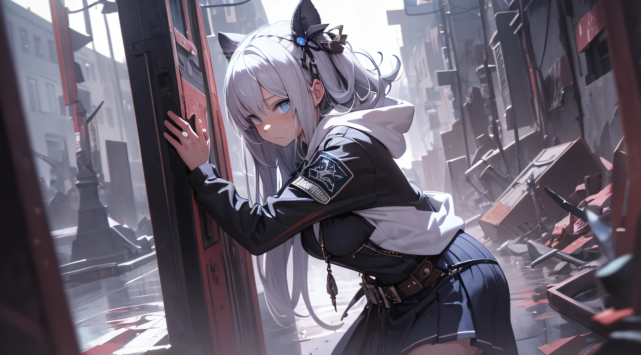 top-quality、Top image quality、masterpiece、teens girl((White hoodie with open chest、Black skirt、18year old、 Ager、Best Bust、big bast,Beautiful light blue eyes, Long silver hair、A slender,Large valleys、Reflecting the whole body、Leaning forward、Holding a chainsaw、jumping pose、worried face、tension、lean against the wall、Sweating、Pose quietly)),hiquality、Beautiful Art、Background with((Ruins、survival、Suspicious person))masterpiece、depth of fields,